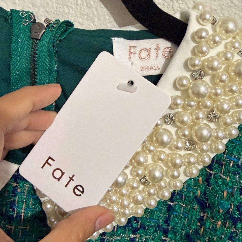 Fate Emerald Tweed Dress with Pearl Accents Collar Sequins - Picture 4 of 7